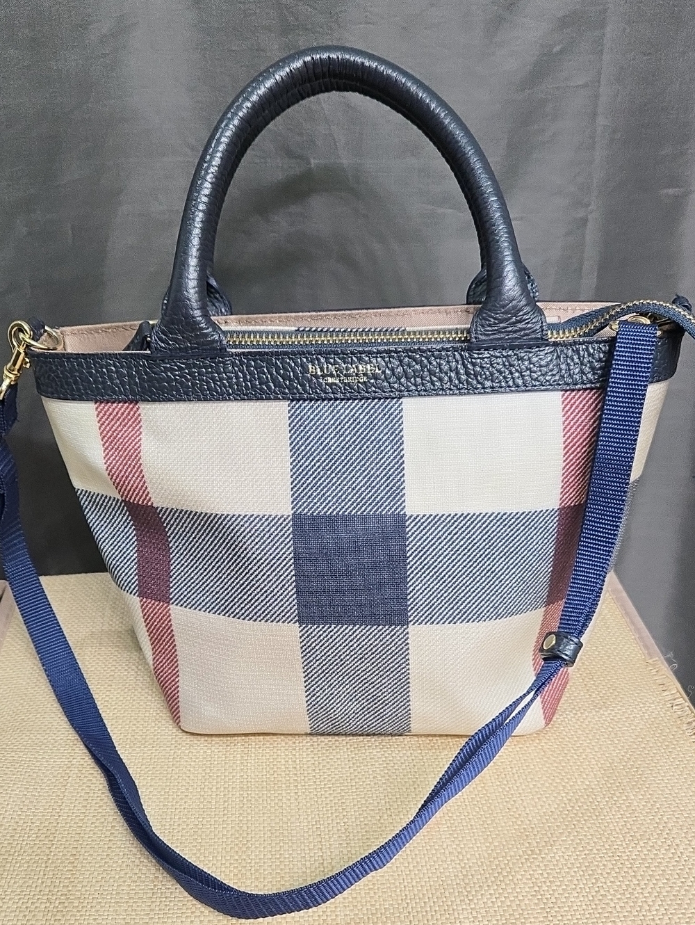 Burberry Navy, Cream and Red Plaid Canvas Tote with Navy Leather Trim